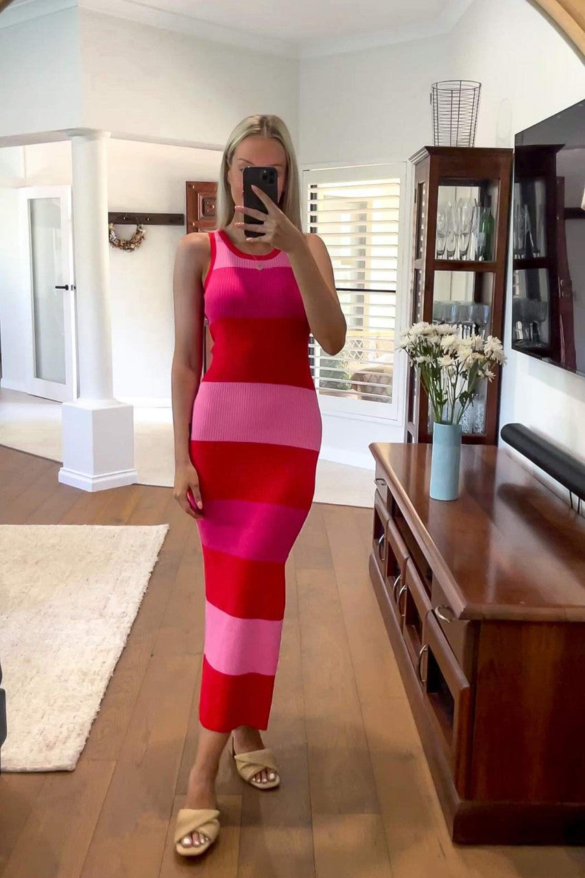 fitted lace wedding dress Pink / Hot Pink / Red Stripe Rib Dress – Motto AU