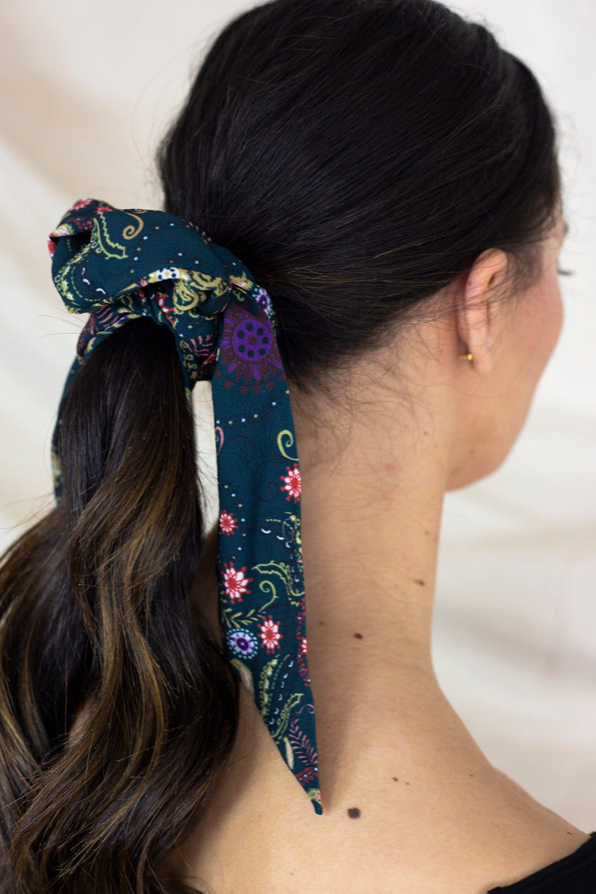 Dark Green Floral Scrunchie