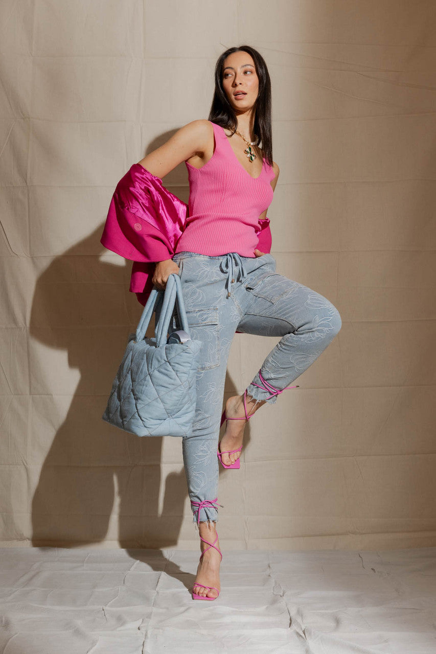 Pink Ribbed V Neck Cami