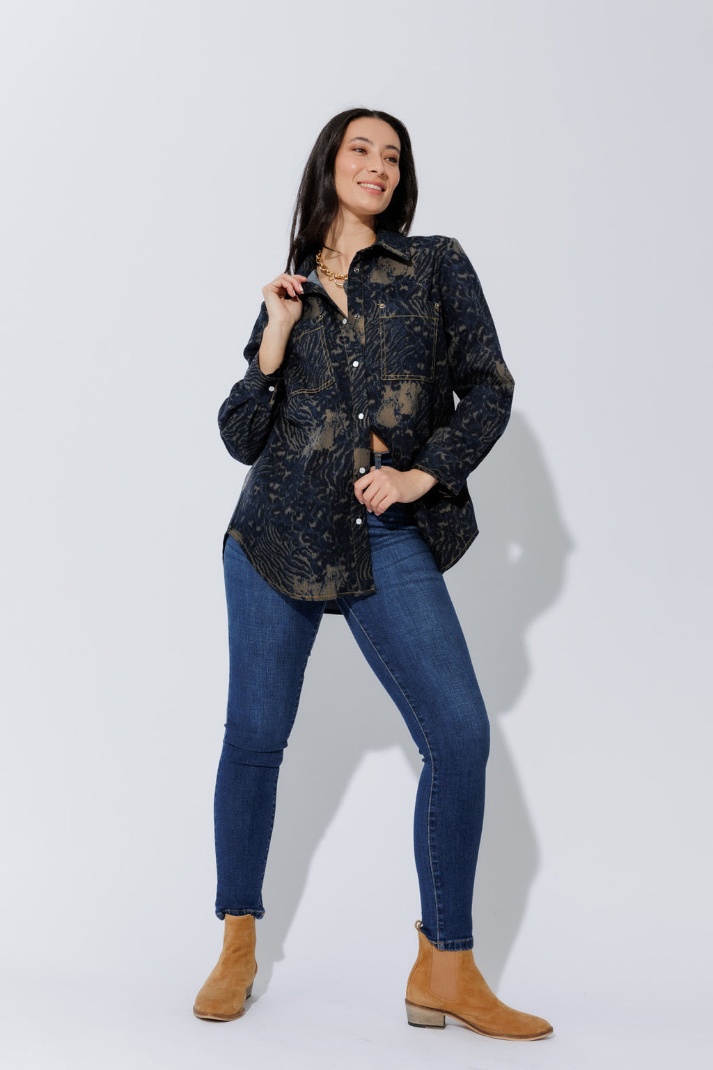 Navy/Taupe Animal Denim Shacket