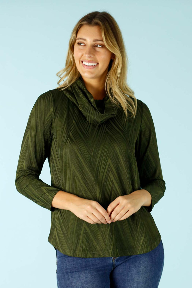 Olive Jacquard Cowl Jumper- OUTLET SALE