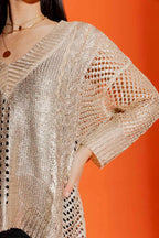 Oatmeal Foil Crochet V Neck Jumper