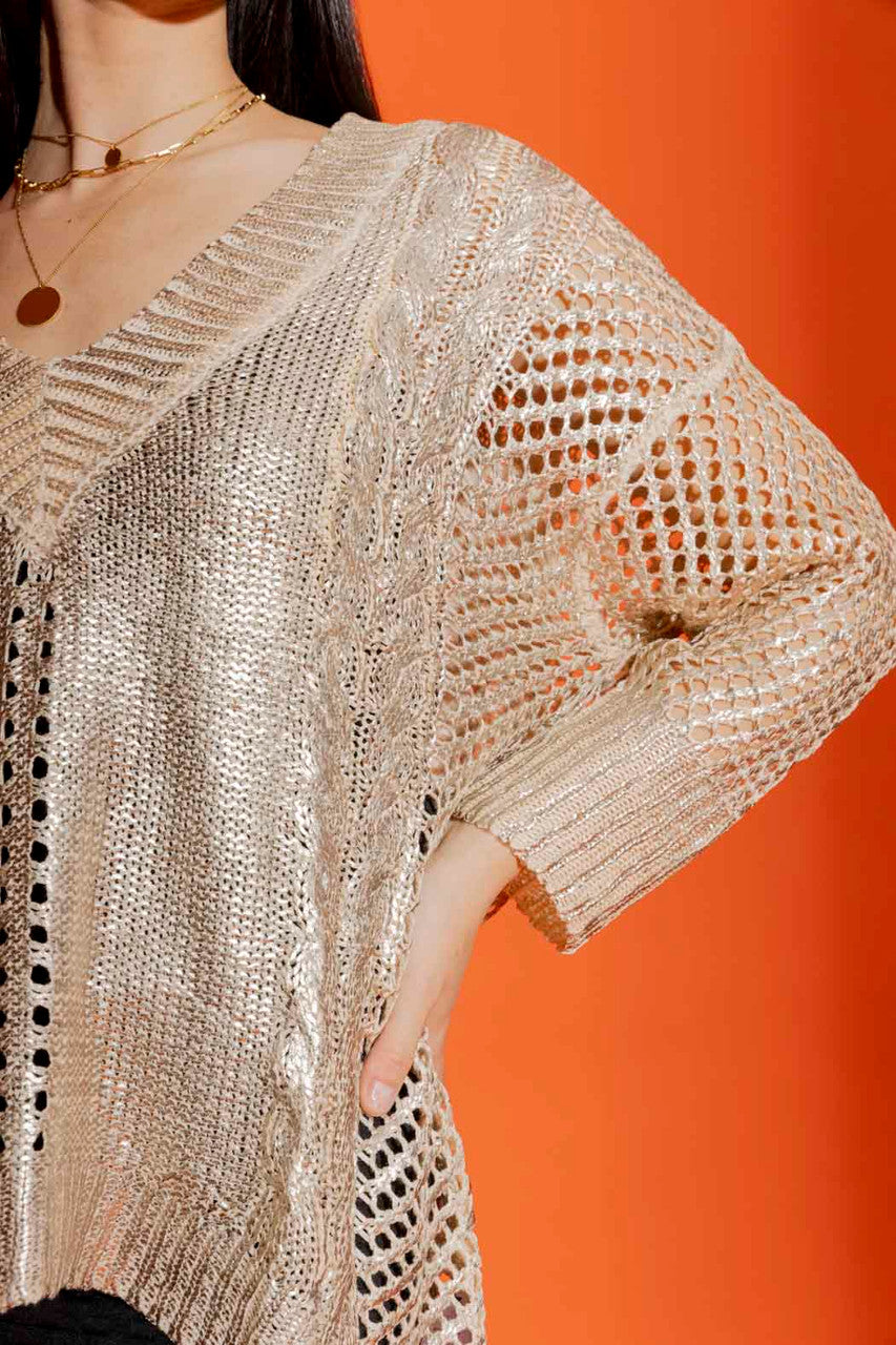 Oatmeal Foil Crochet V Neck Jumper