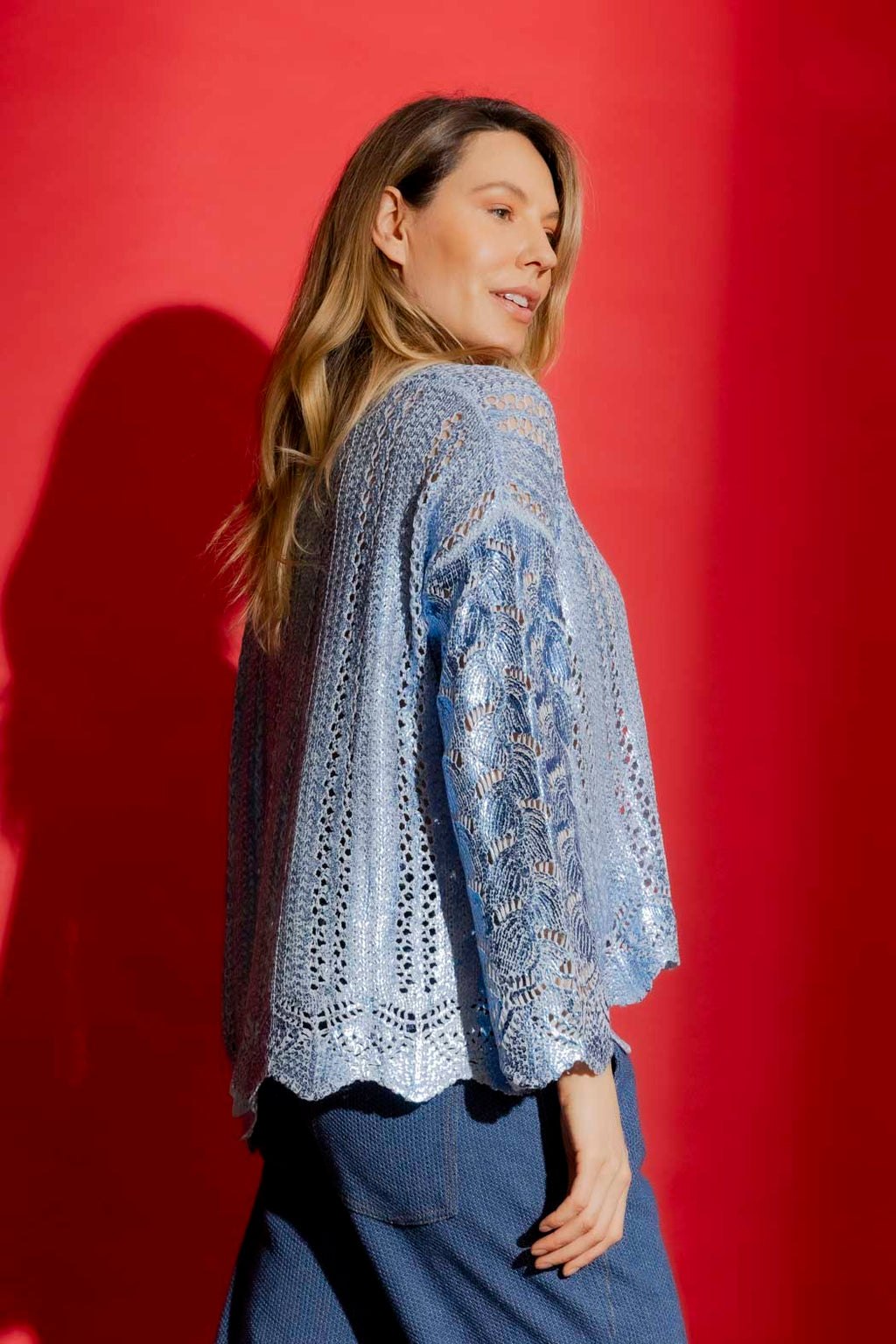 Blue Foil Scalloped Hem Top Blue S