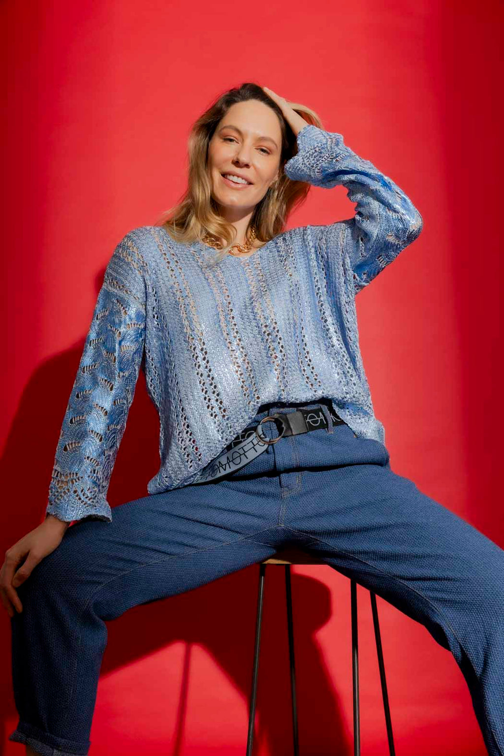 Blue Foil Scalloped Hem Top Blue S