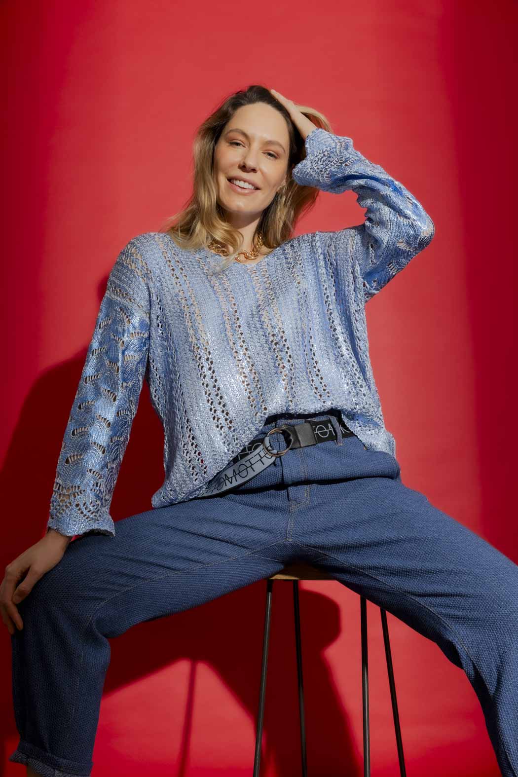 Blue Foil Scalloped Hem Top Blue S