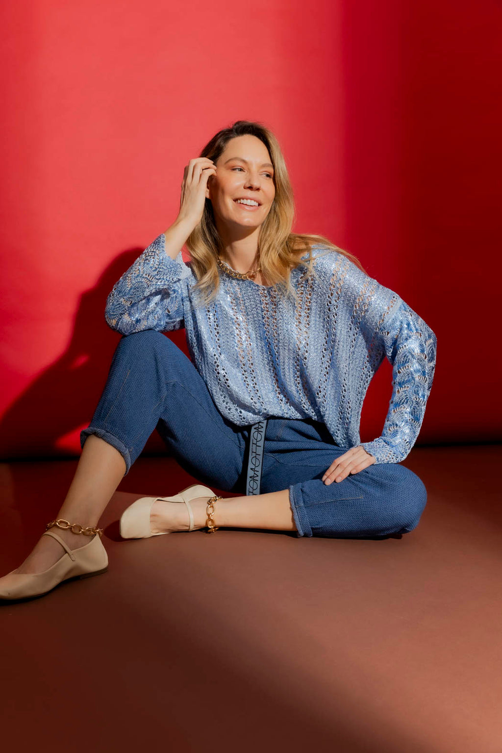 Blue Foil Scalloped Hem Top Blue S