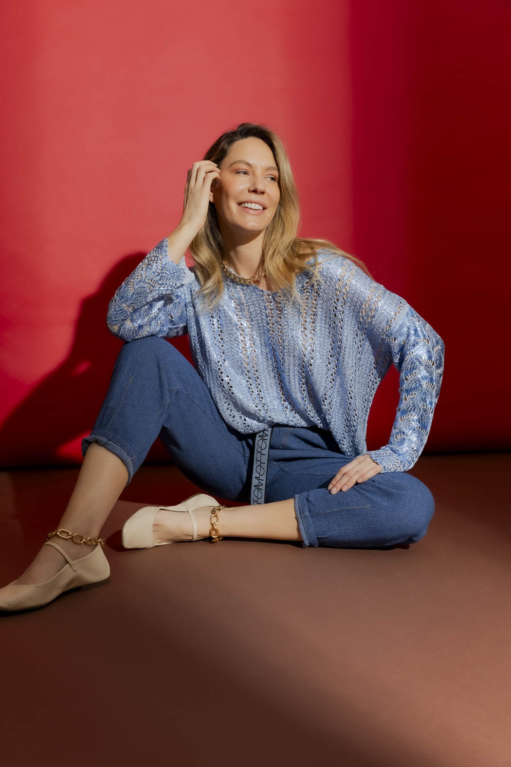 Blue Foil Scalloped Hem Top Blue S