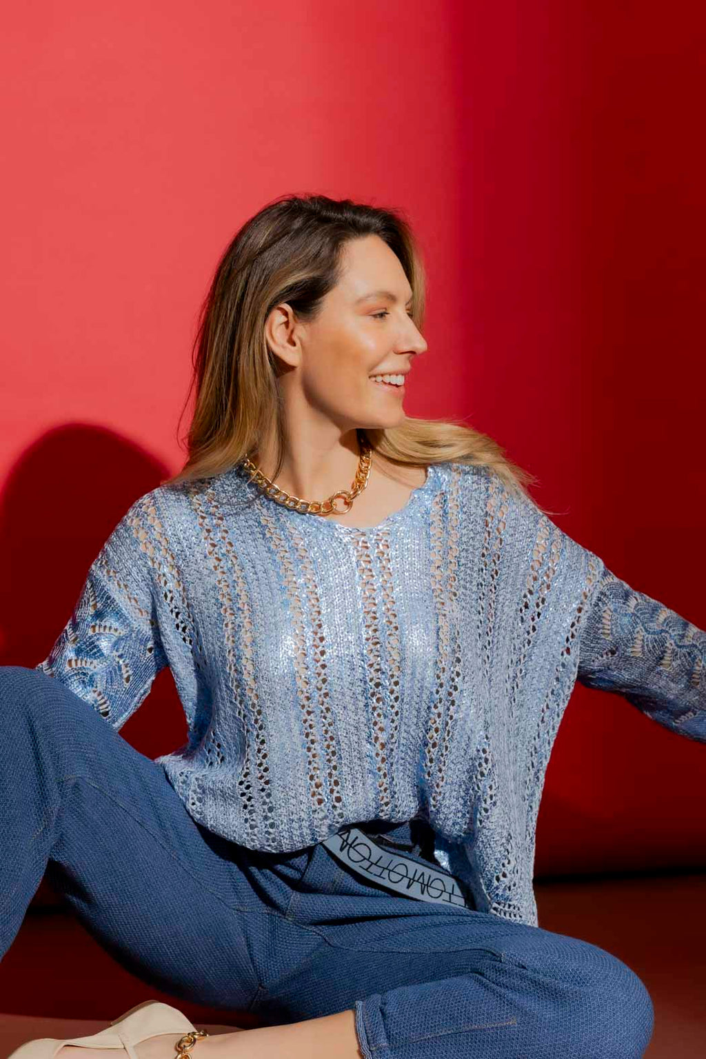 Blue Foil Scalloped Hem Top Blue S