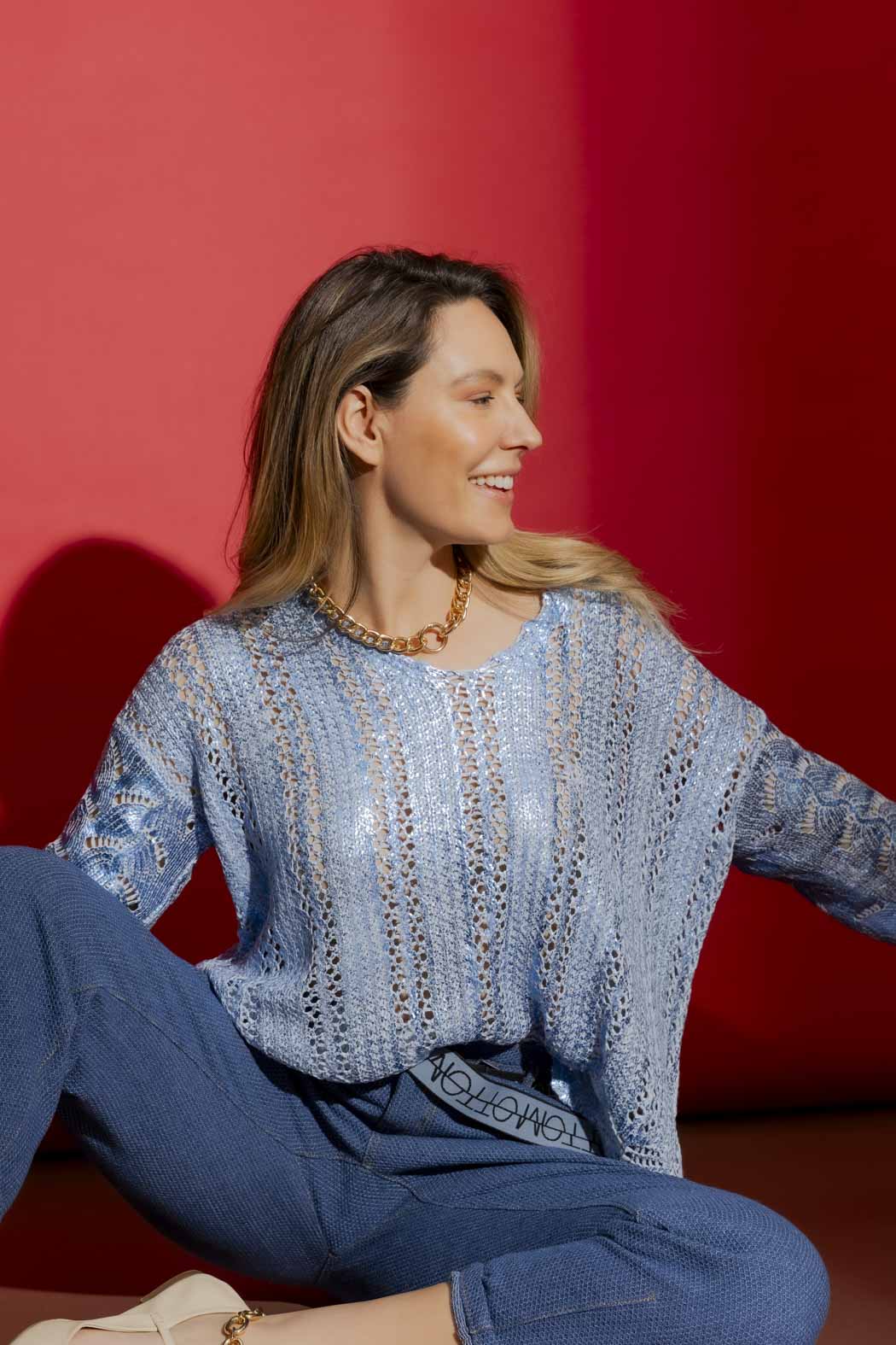 Blue Foil Scalloped Hem Top Blue S