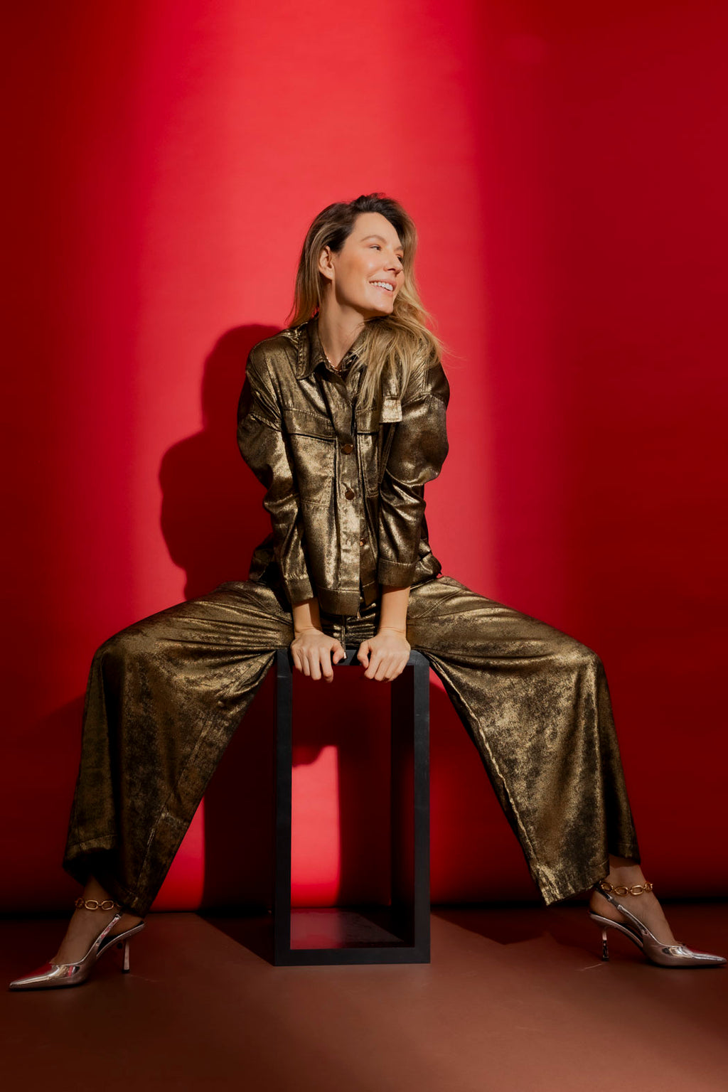 Gold Liquid Lame Cargo Pants