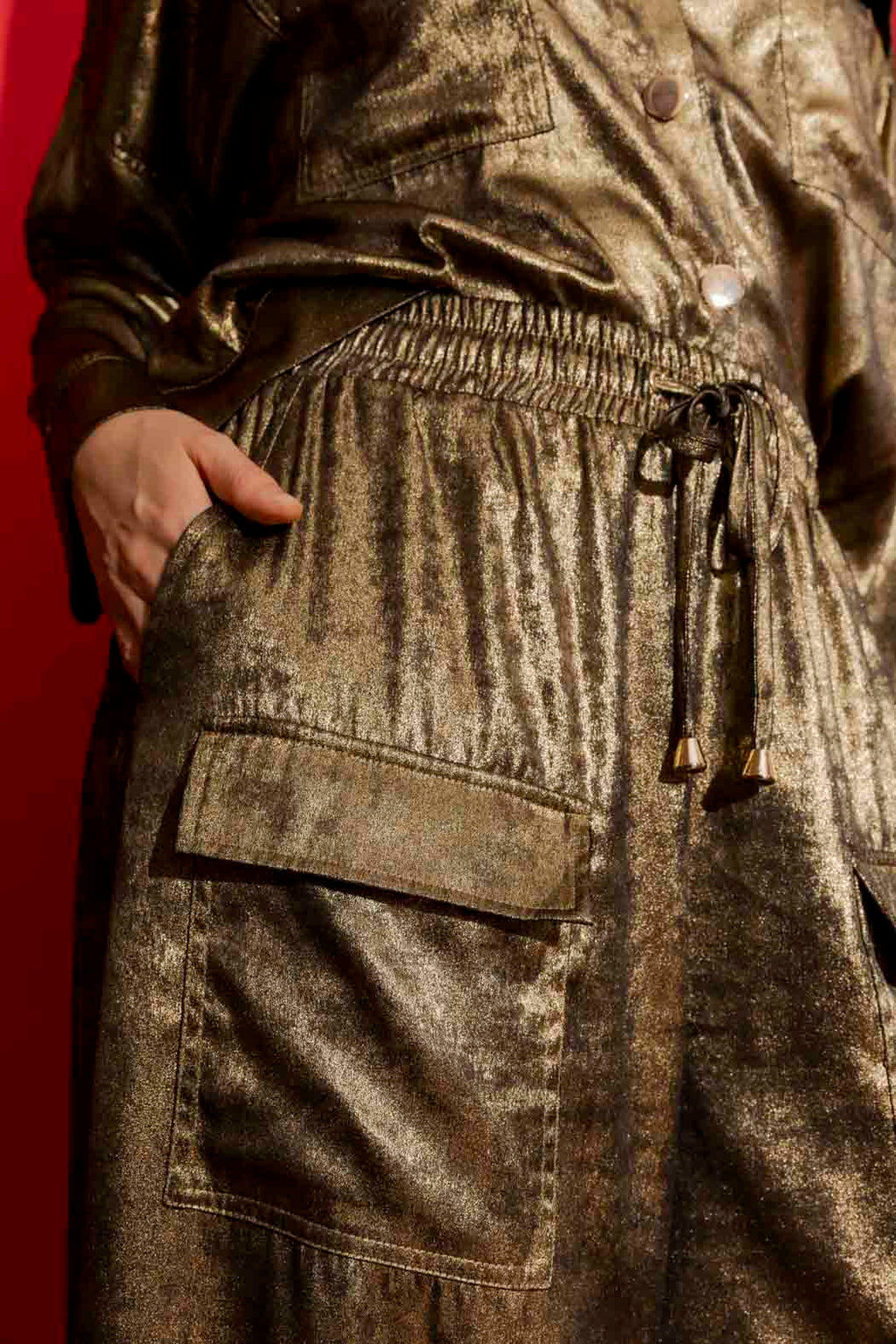 Gold Liquid Lame Cargo Pants