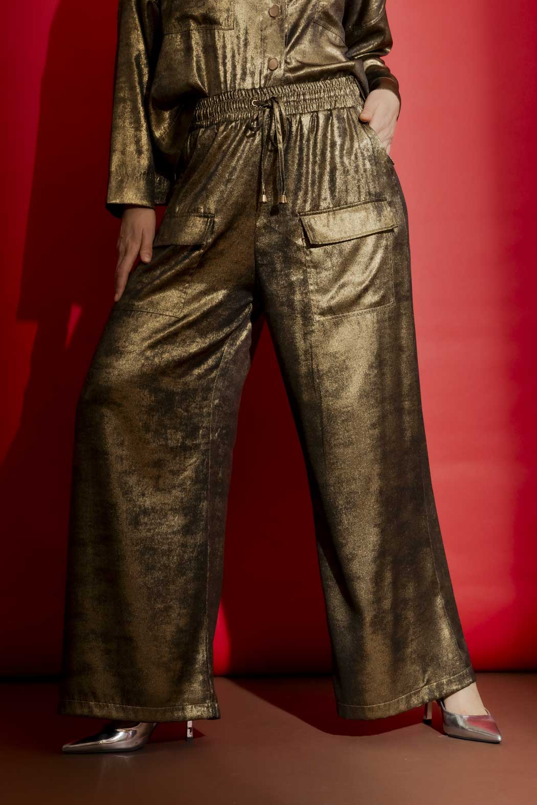 Gold Liquid Lame Cargo Pants