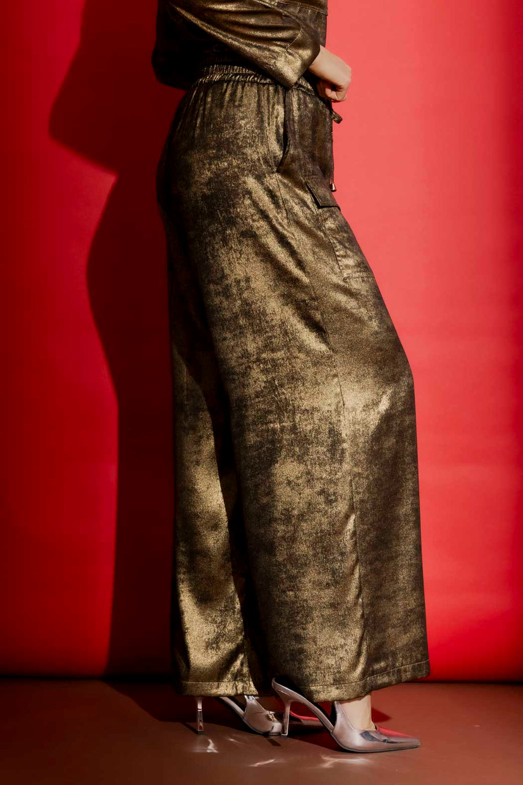 Gold Liquid Lame Cargo Pants