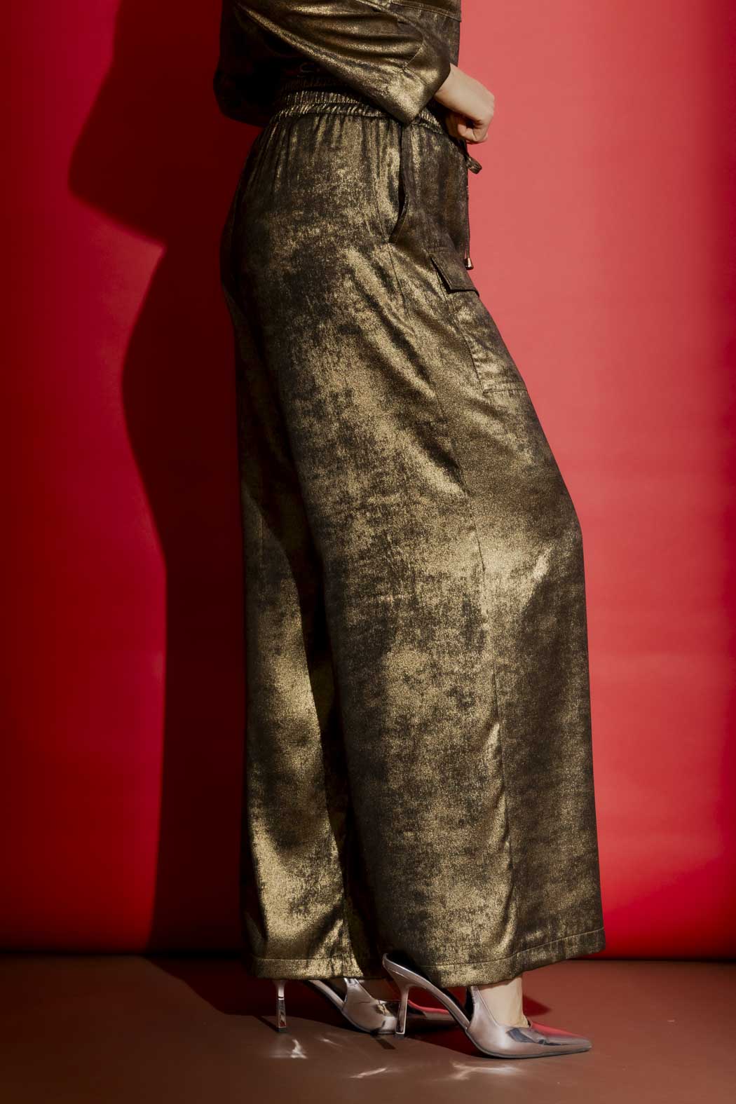 Gold Liquid Lame Cargo Pants