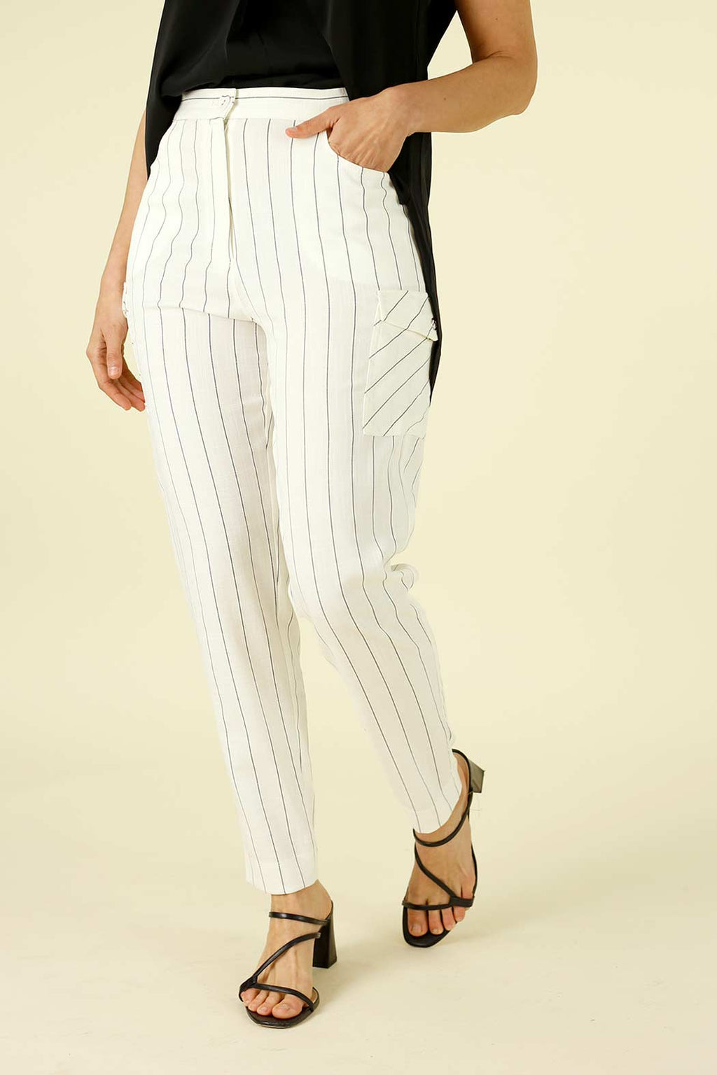 White Stripe Faux Linen Cargo Pant - SALE