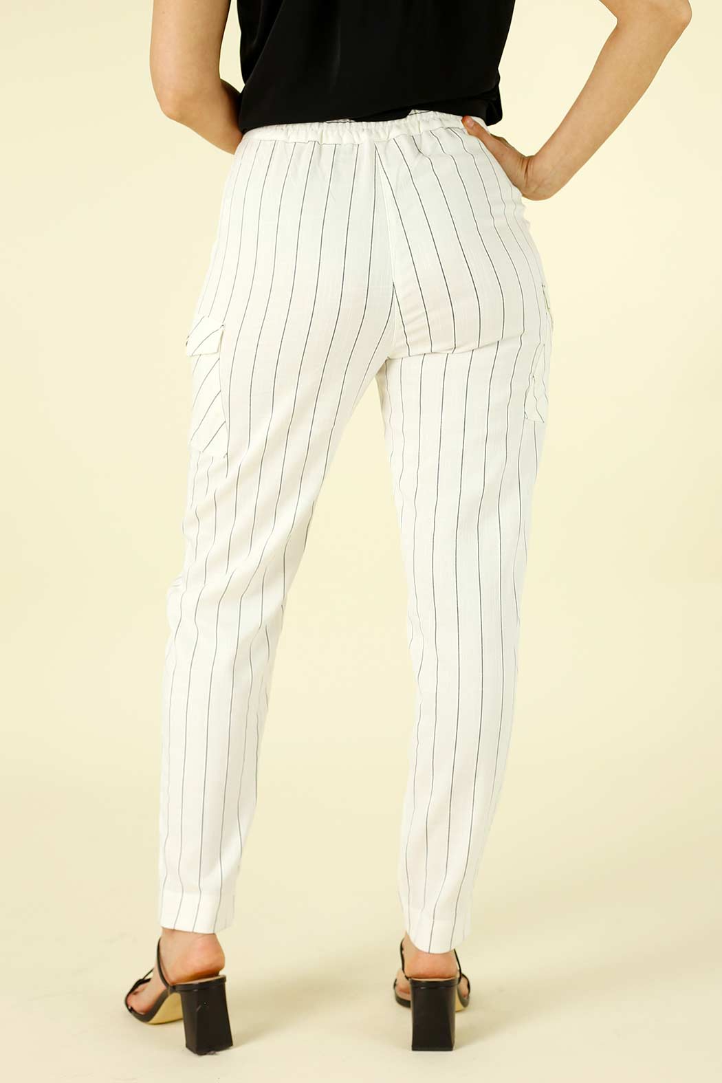 White Stripe Faux Linen Cargo Pant - SALE