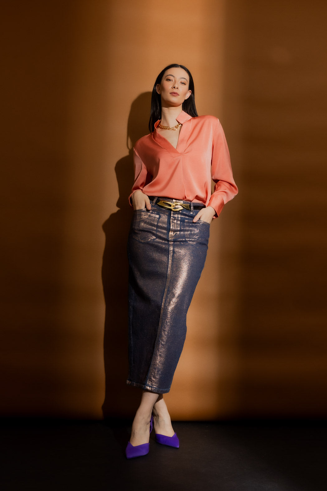 Copper Foil Denim Skirt