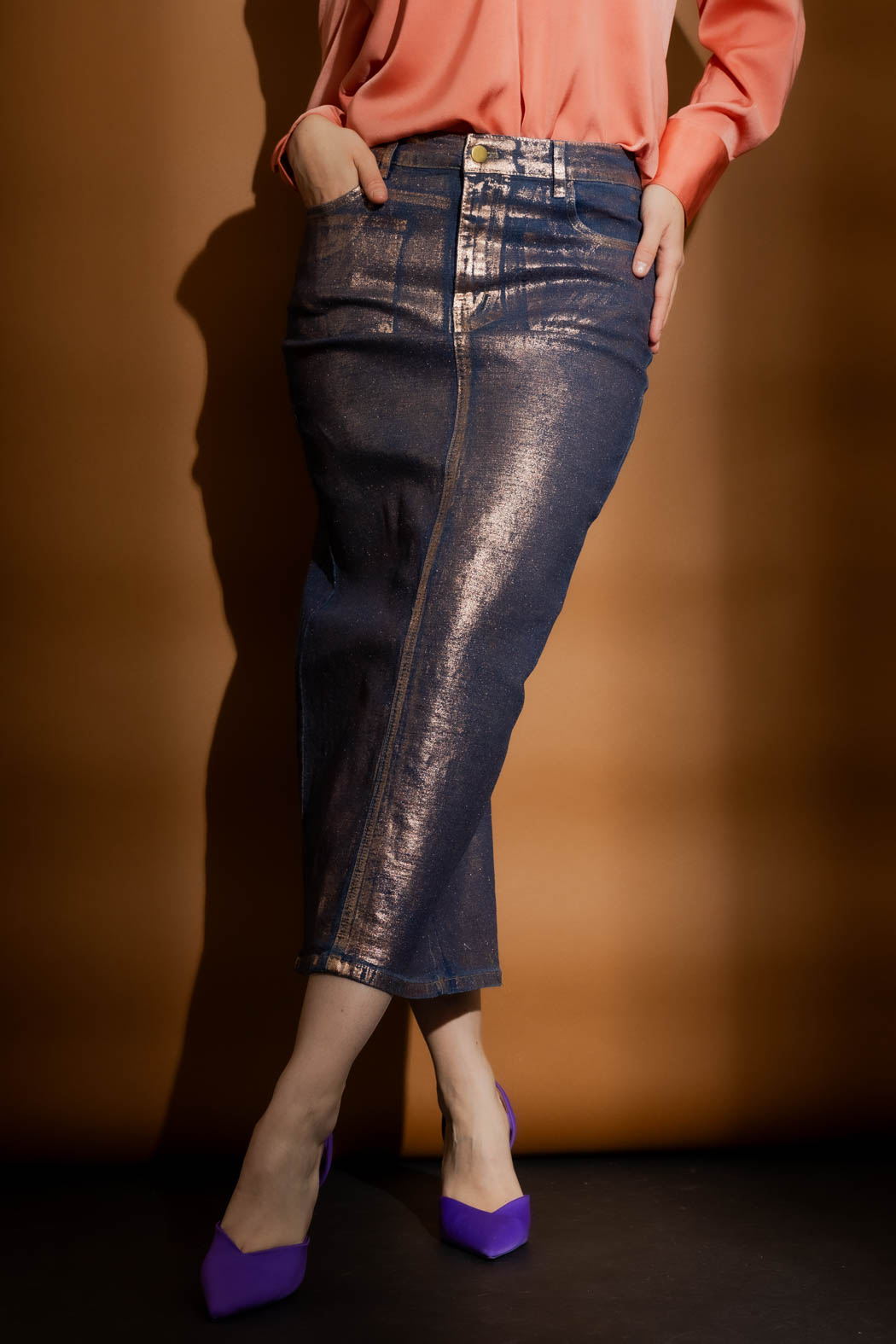 Copper Foil Denim Skirt