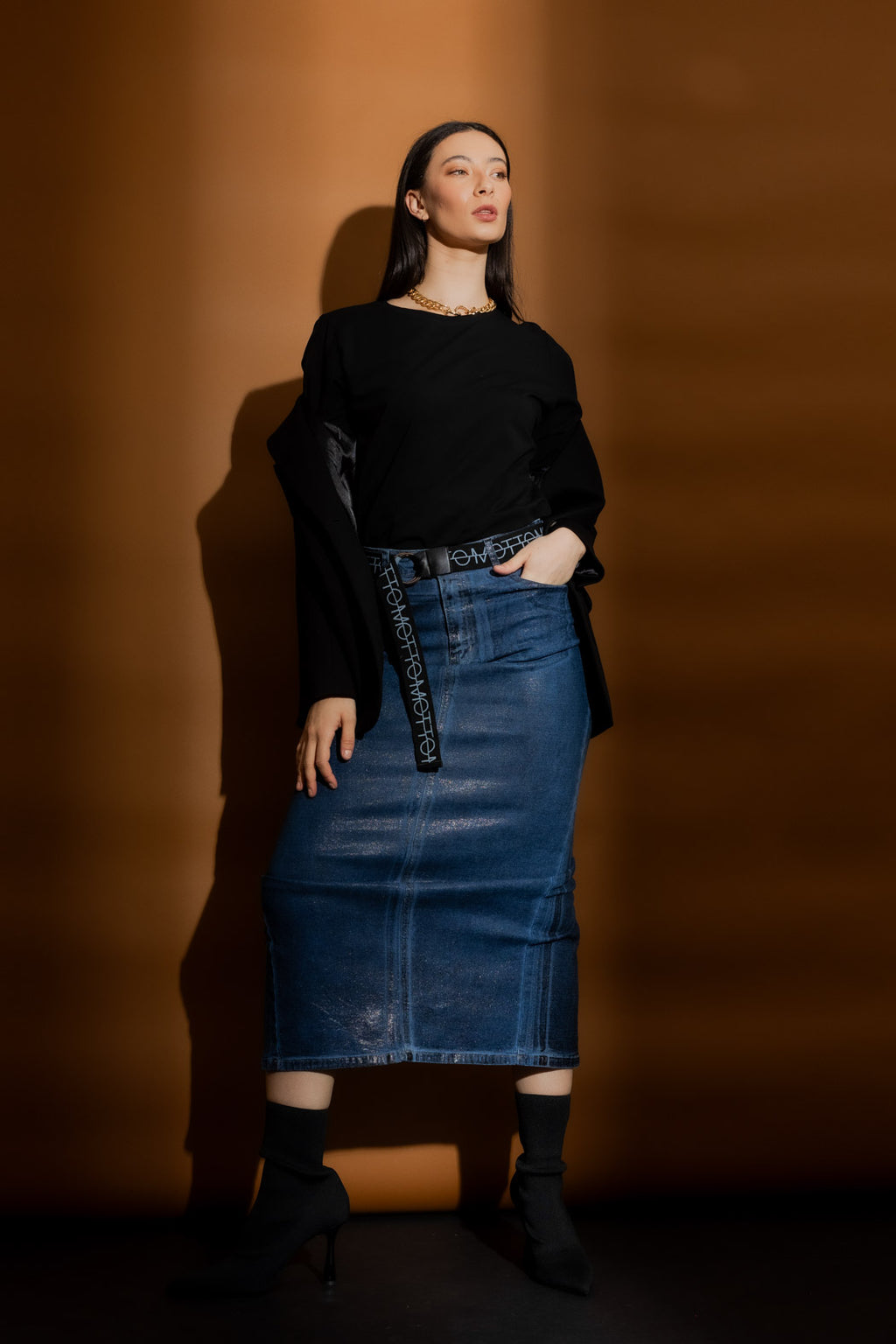 Black Foil Denim Skirt