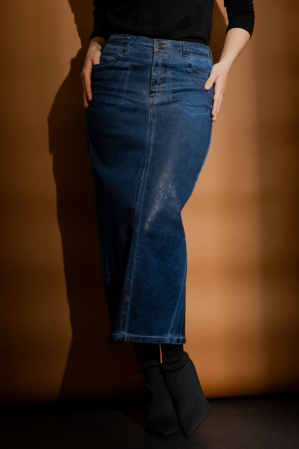 Black Foil Denim Skirt