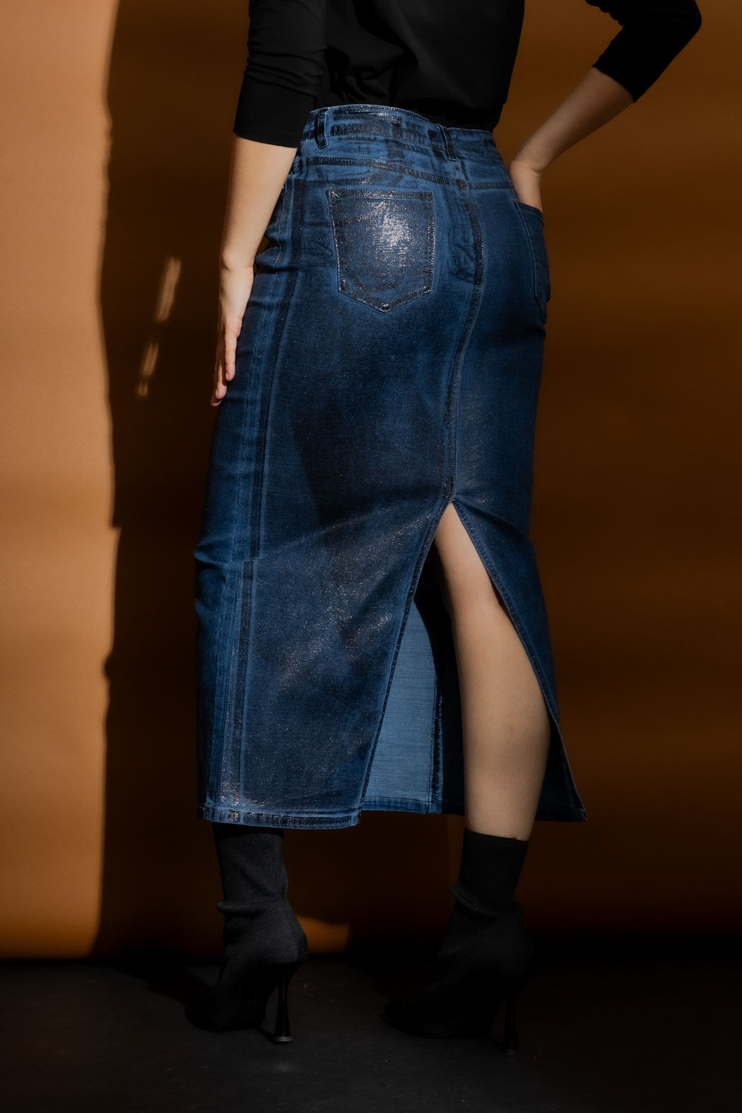 Black Foil Denim Skirt
