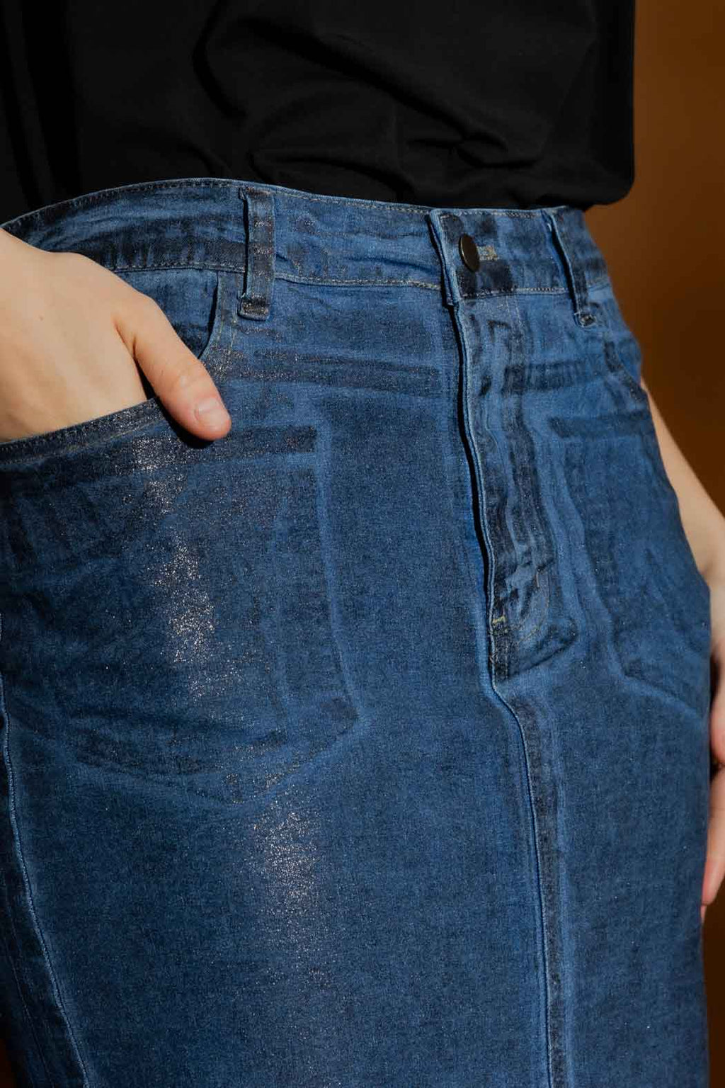 Black Foil Denim Skirt