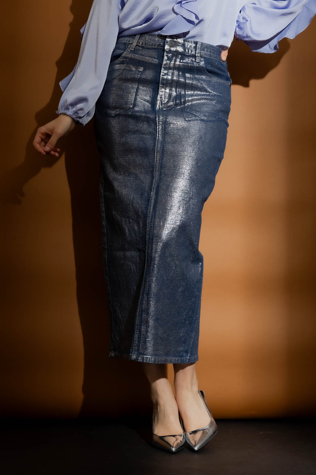 Silver Foil Denim Skirt
