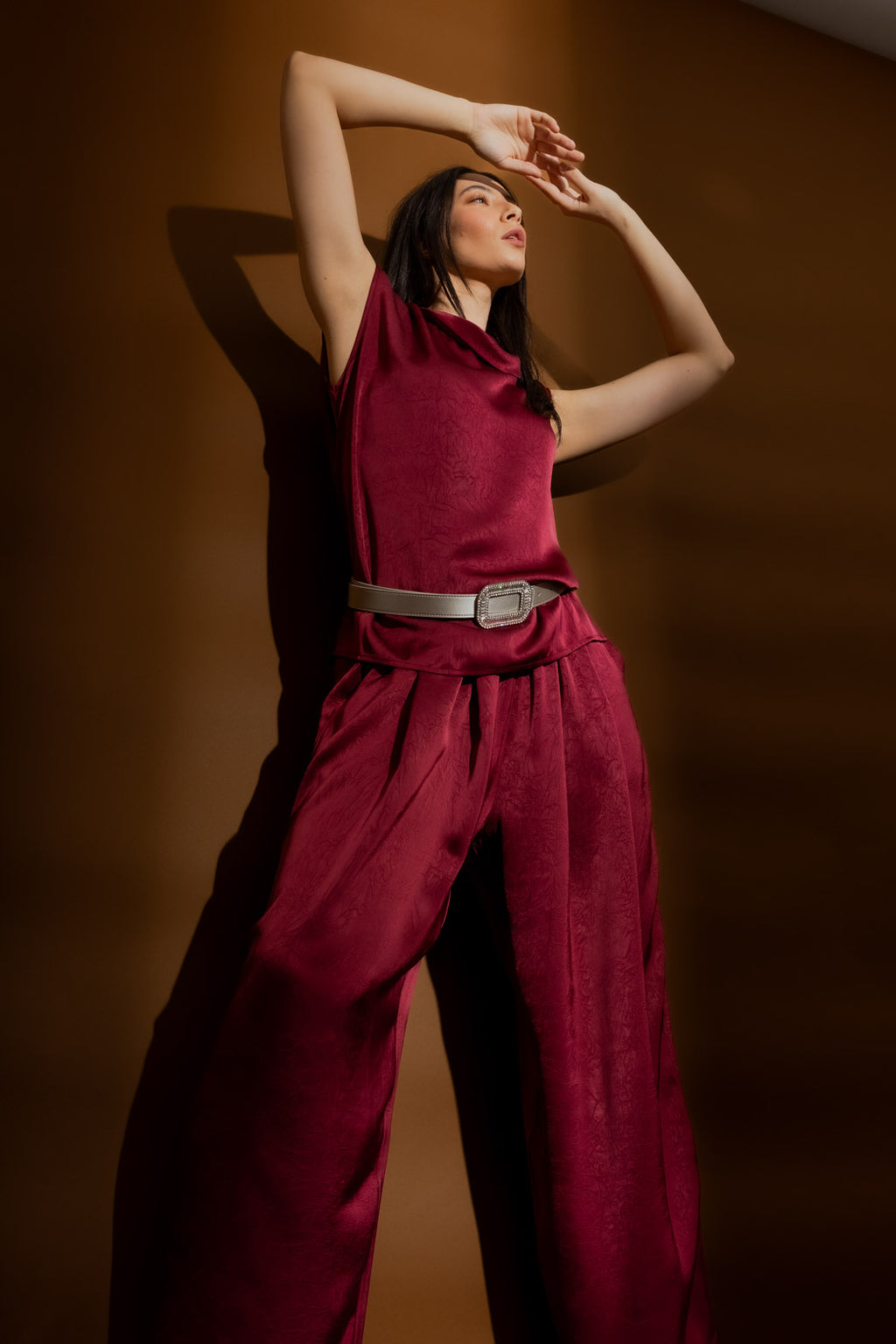 Burgundy Pull On Pleat Pant