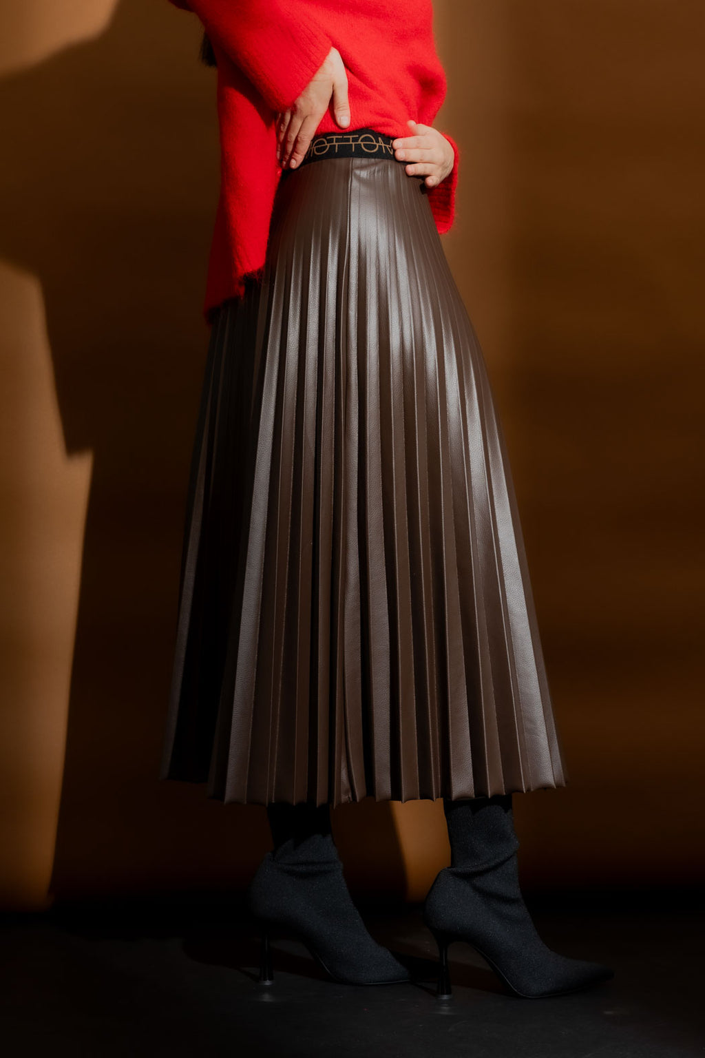 Chocolate Faux Leather Pleat Skirt