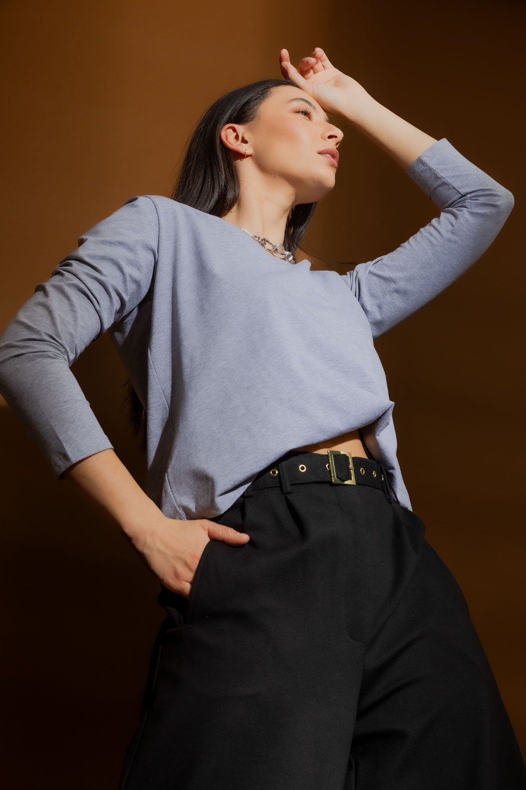 Grey V Neck Long Sleeve Tee