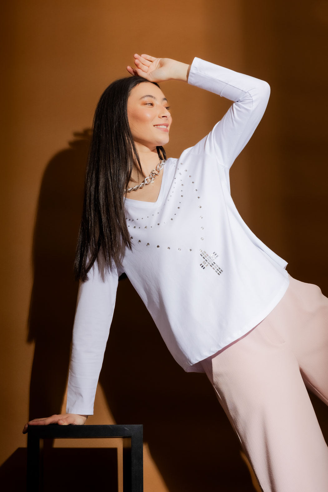 White Diamante Long Sleeve Tee