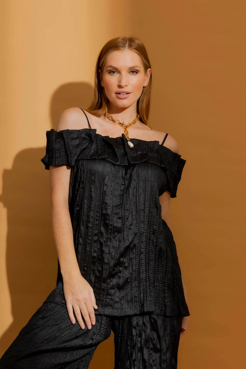 Black Crinkle Off-Shoulder Ruffle Top