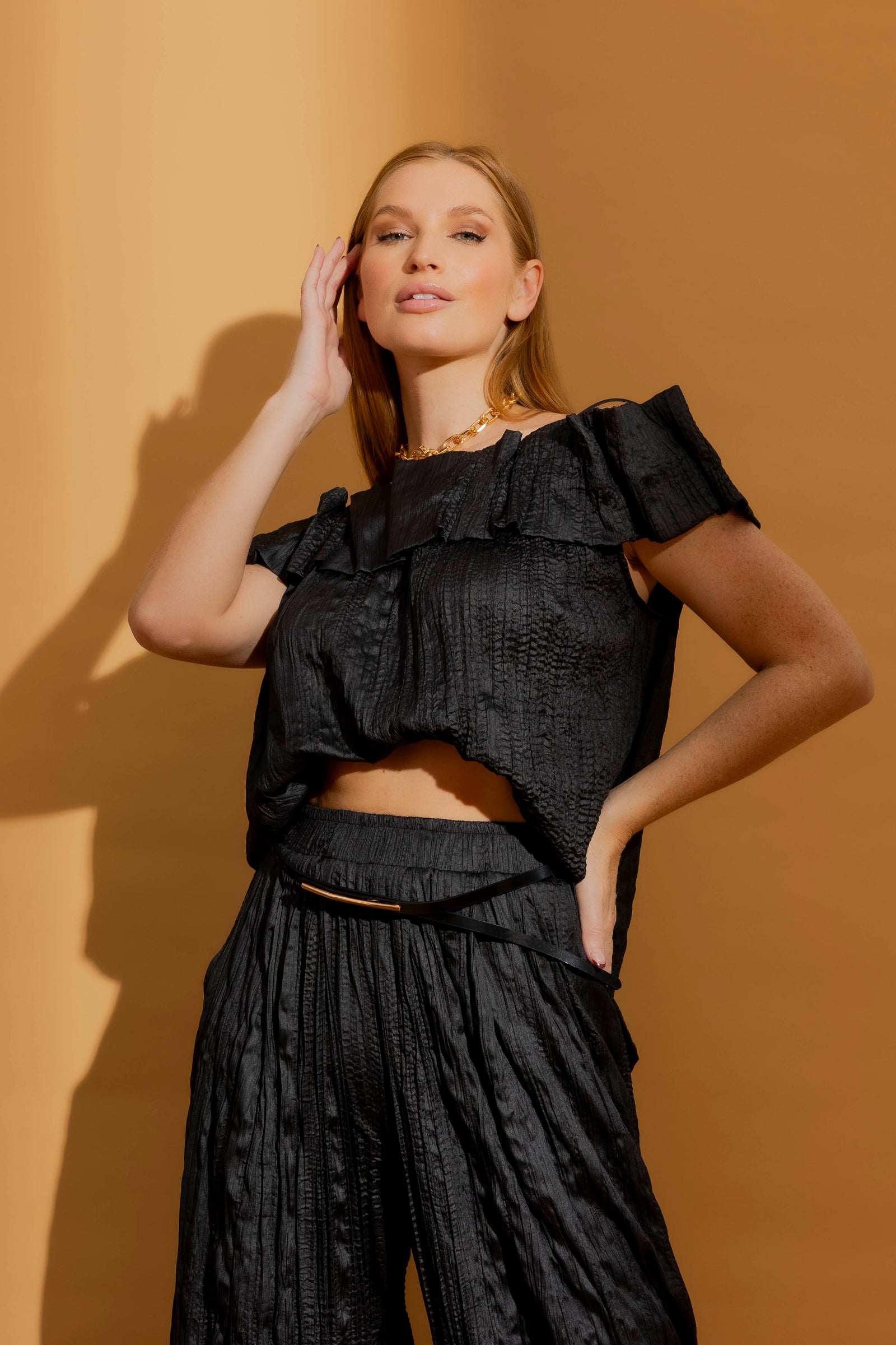 Black Crinkle Off-Shoulder Ruffle Top