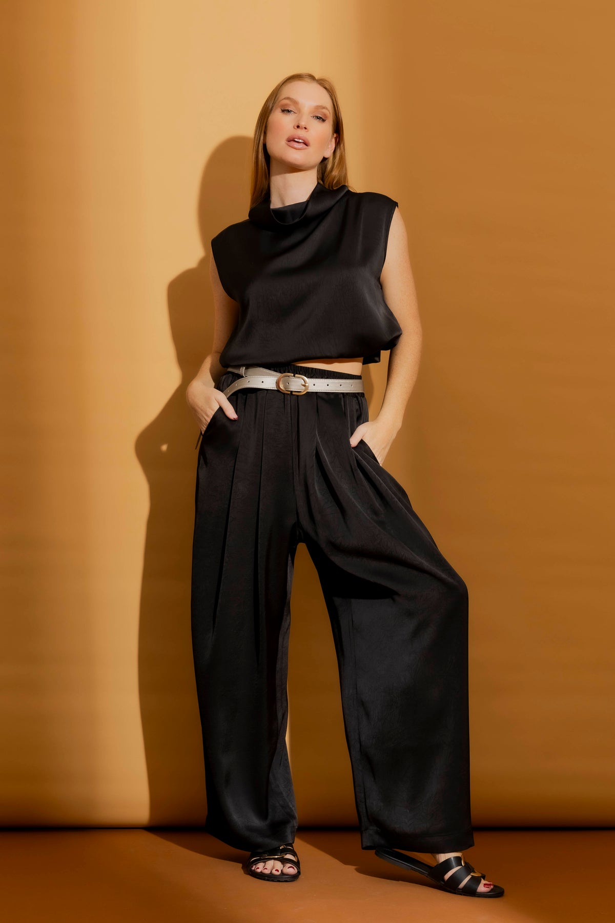 Black Silky Pull-On Pleat Pant