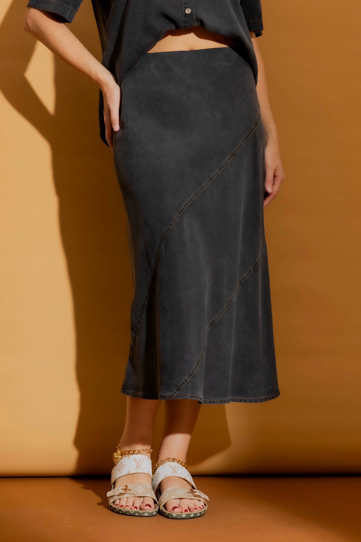 Washed Black Tencel Bias Skirt Washed Black