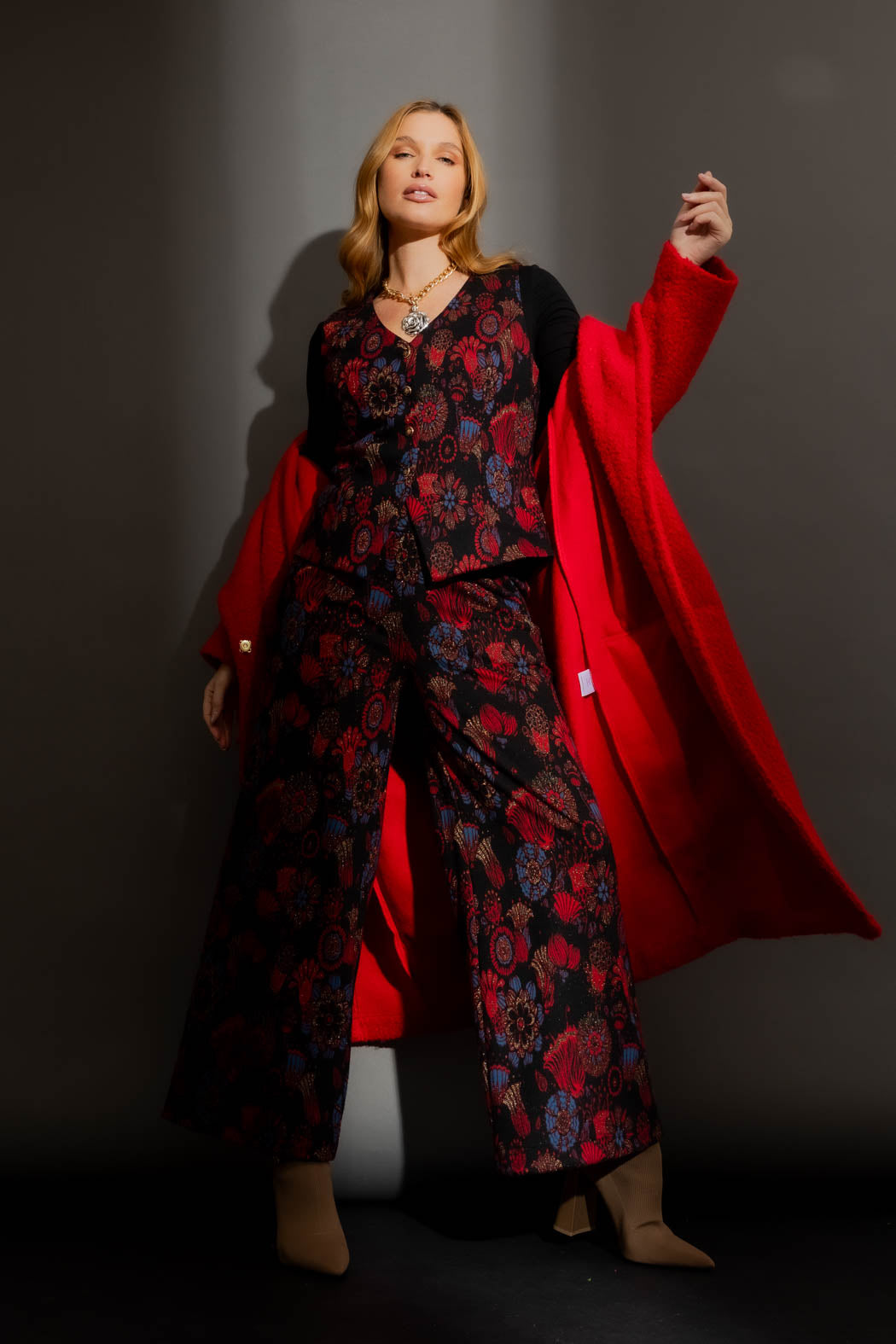 Red Floral Ponte Button Vest Red Floral