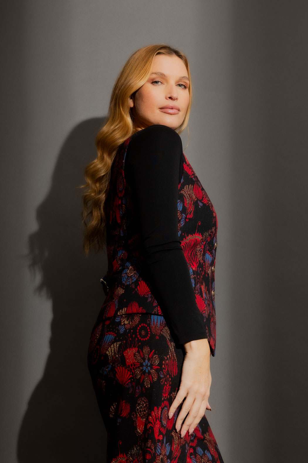 Red Floral Ponte Button Vest Red Floral
