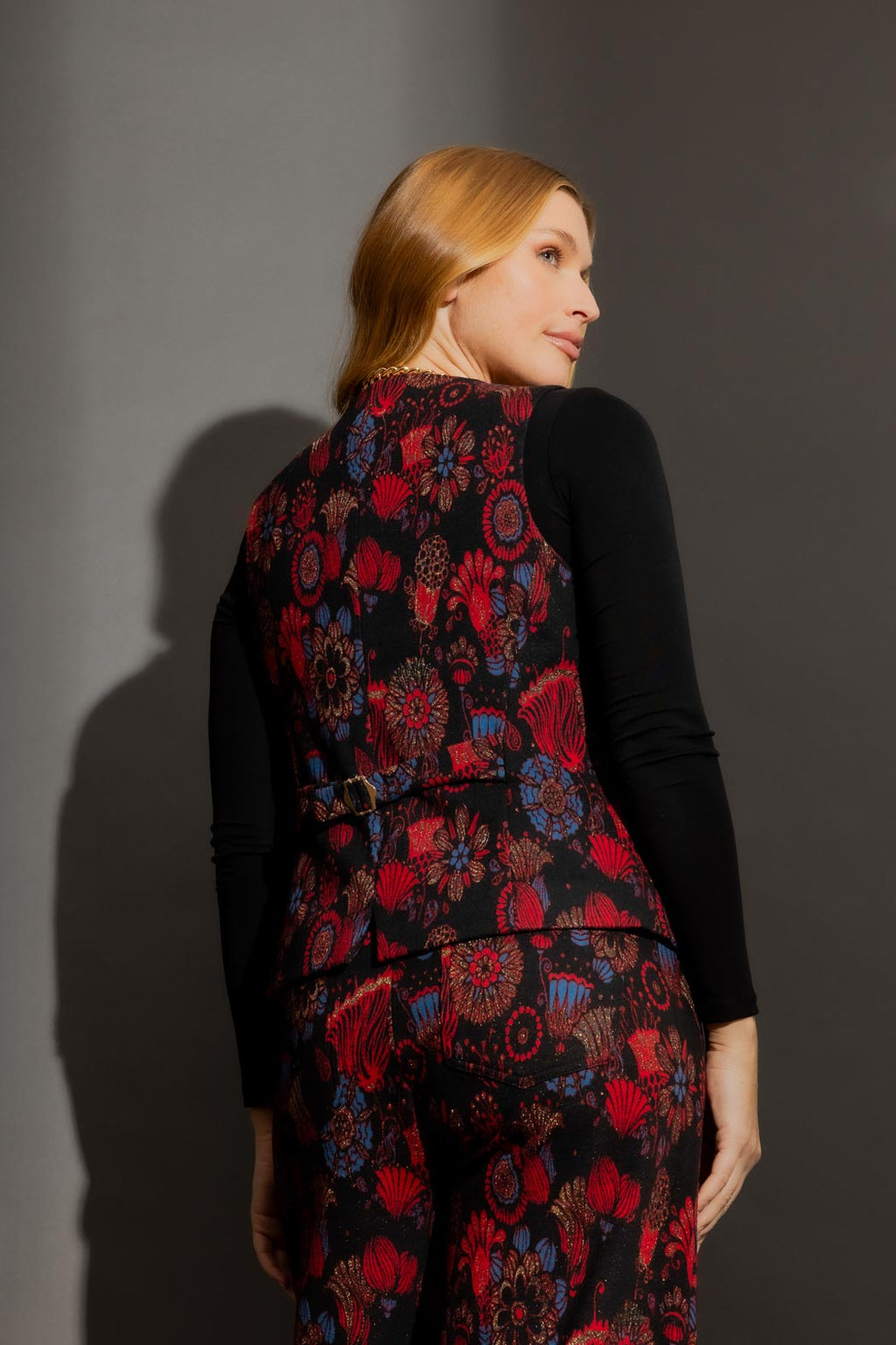 Red Floral Ponte Button Vest Red Floral