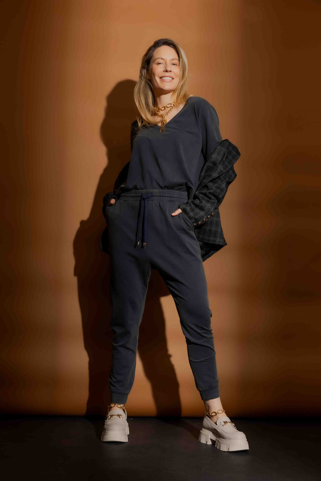 Navy Washed V Neck Top