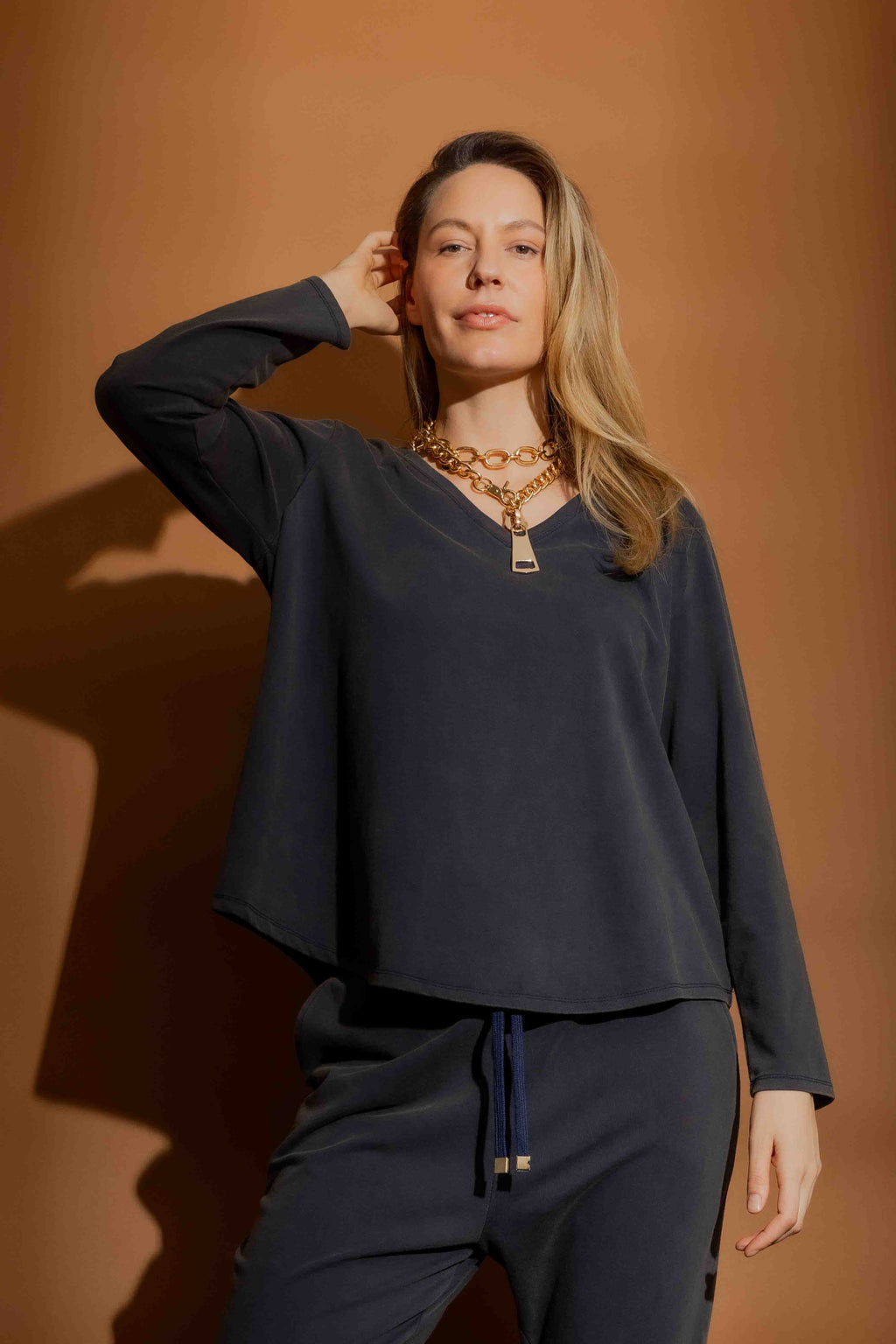 Navy Washed V Neck Top