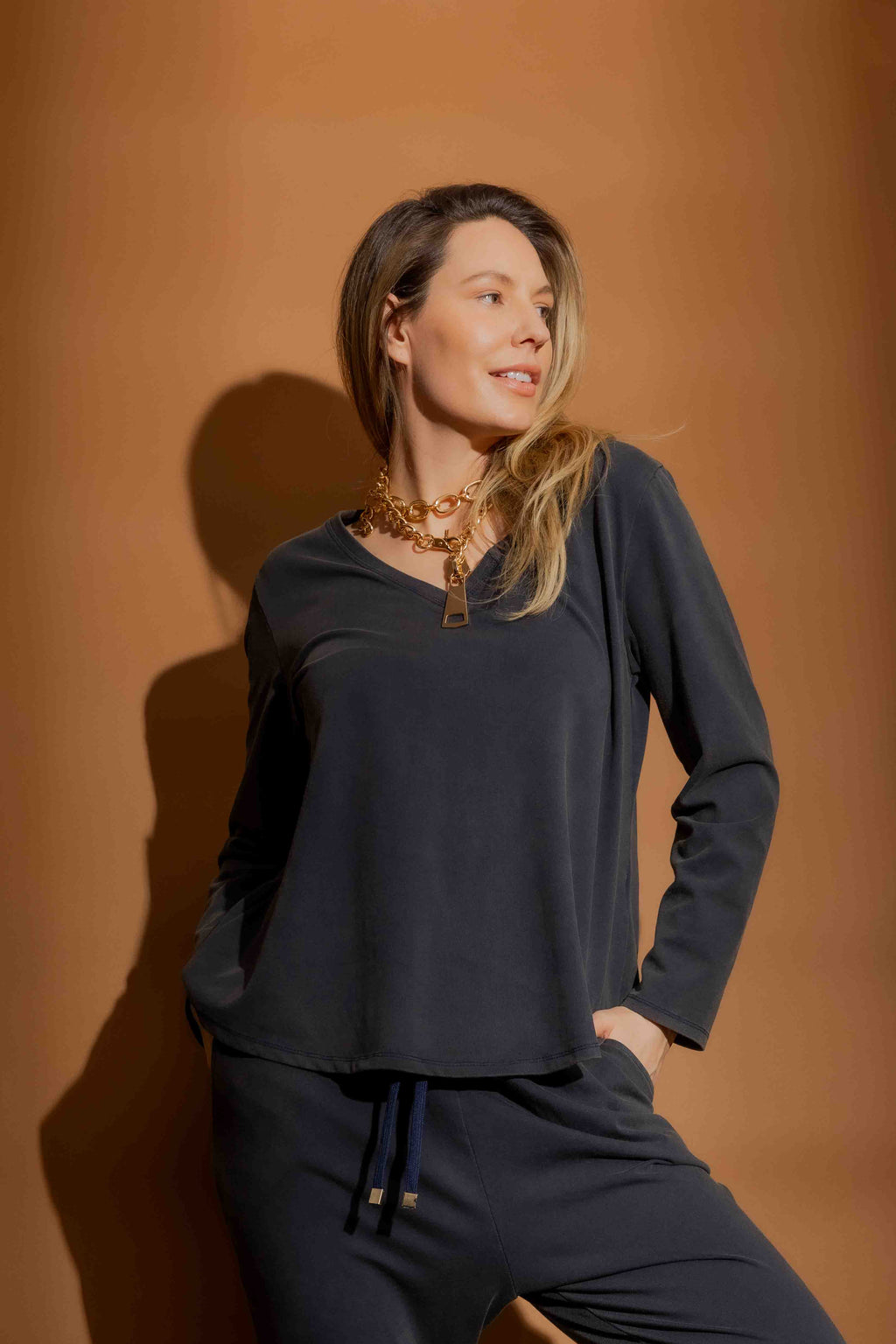 Navy Washed V Neck Top