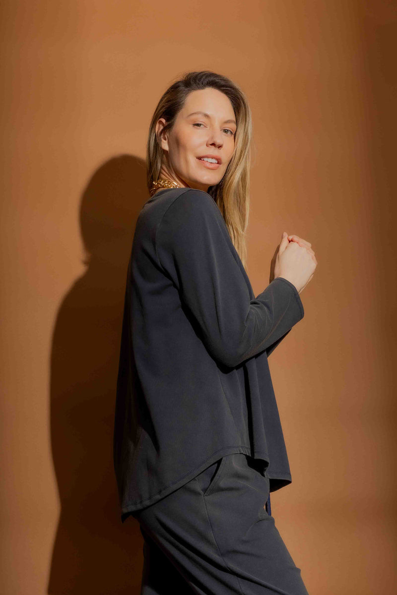 Navy Washed V Neck Top