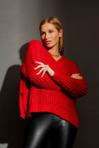 Red Chunky V Neck Jumper Red S