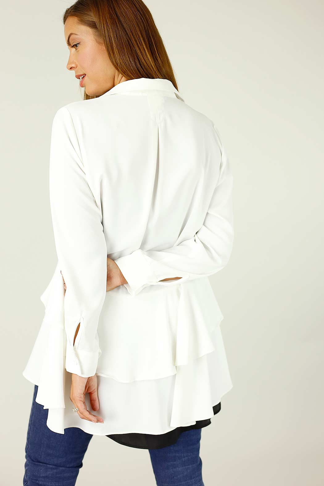 Ivory Soft Touch Paris Shirt front showcasing tiered flounces, classic collar, cuffs for an effortless silhouette.
