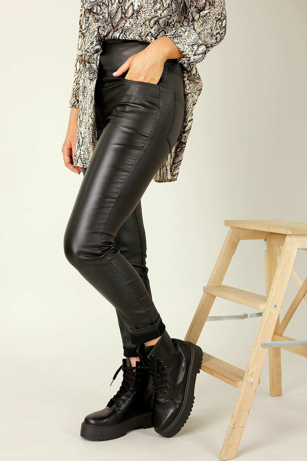 Black Waxed Leatherette Easy Jean