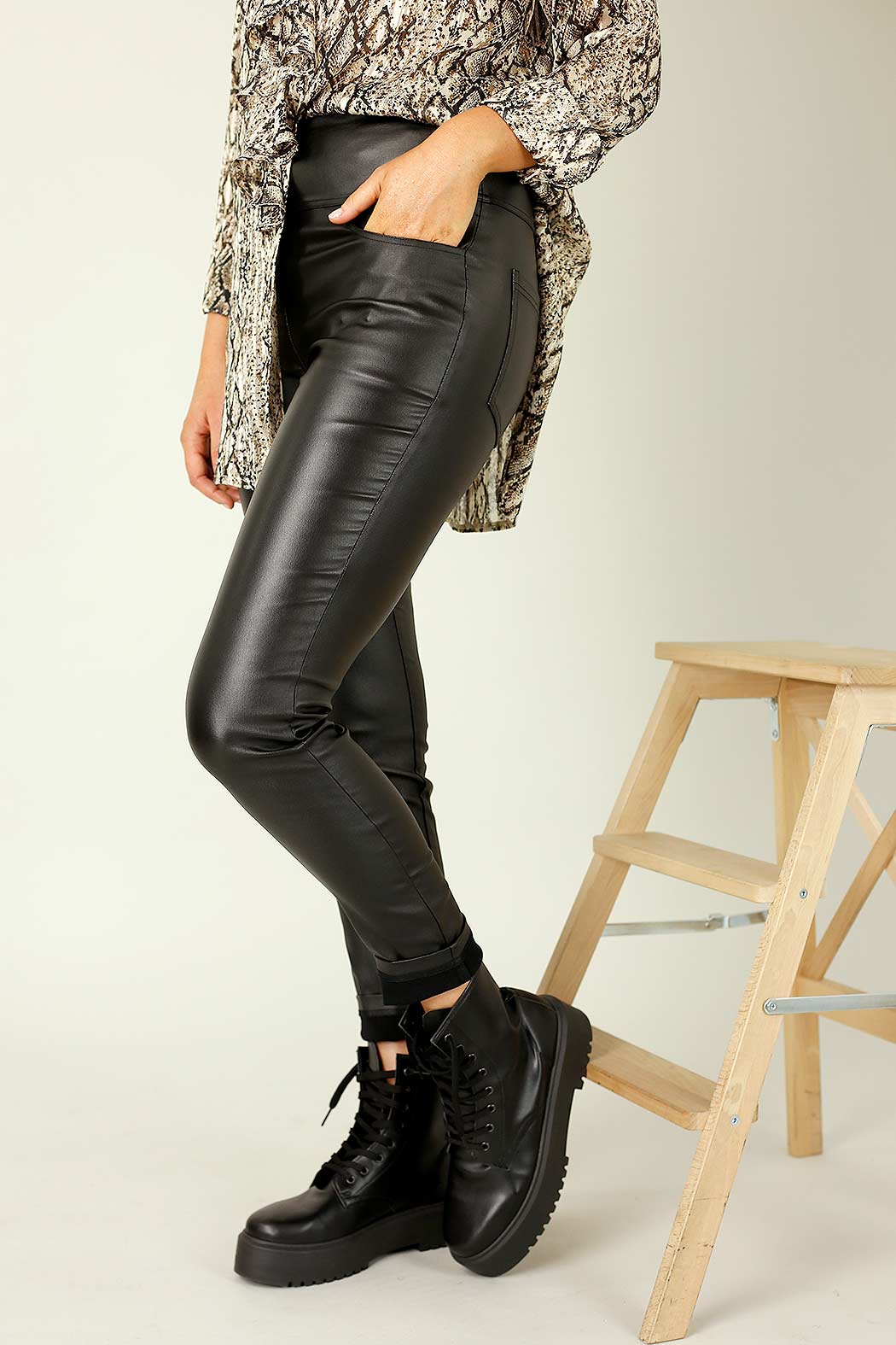 Black Waxed Leatherette Easy Jean