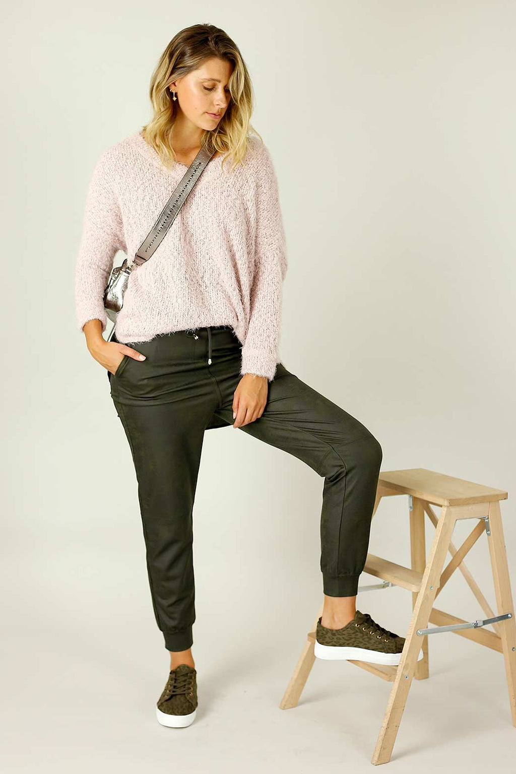 Khaki Leatherette Stitch Jogger