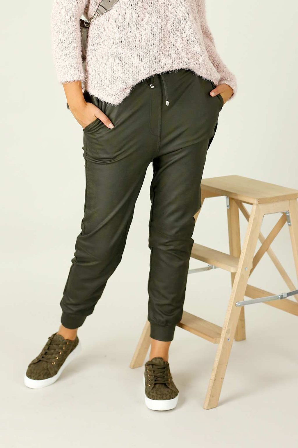 Khaki Leatherette Stitch Jogger