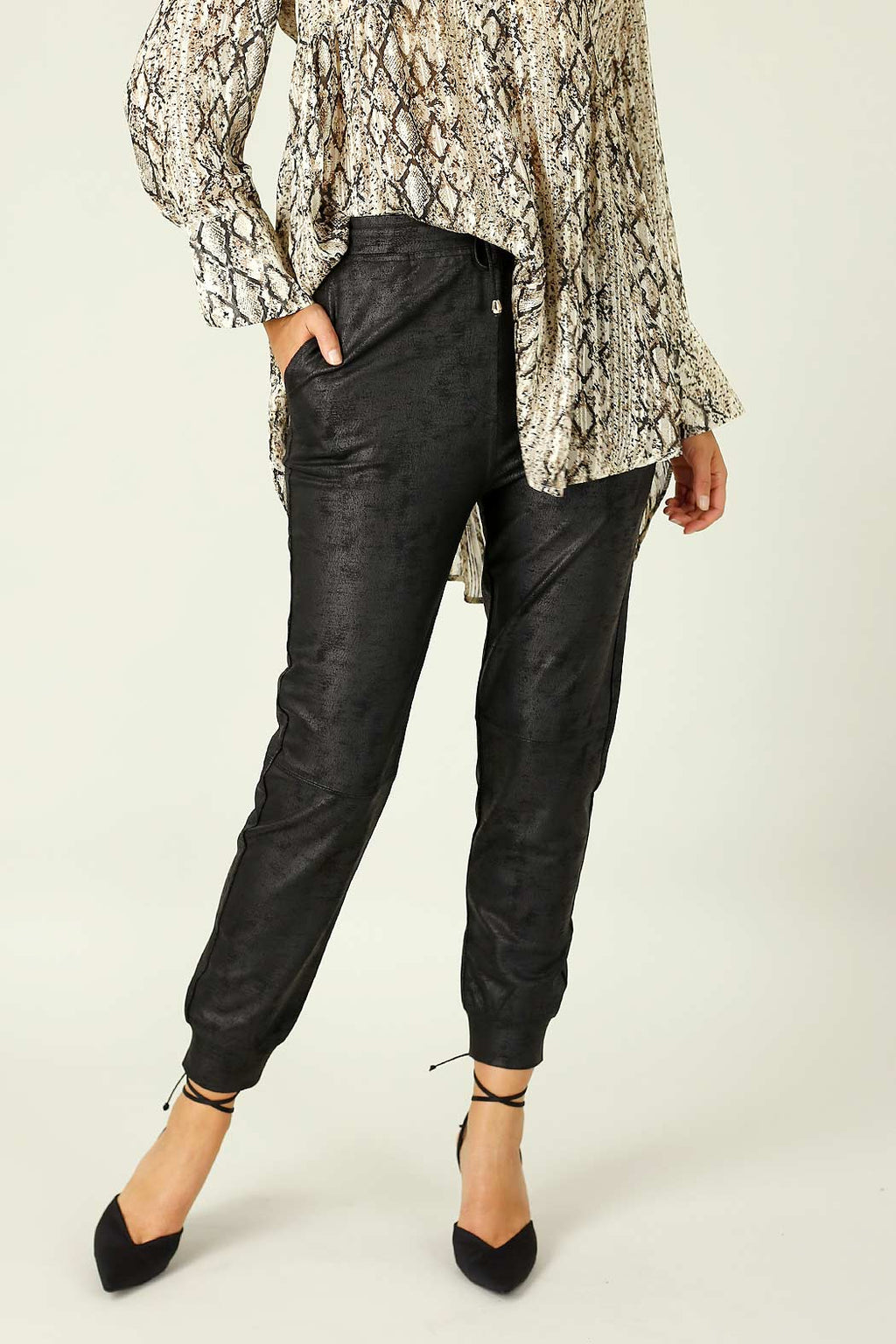 Black Leatherette Stitch Jogger